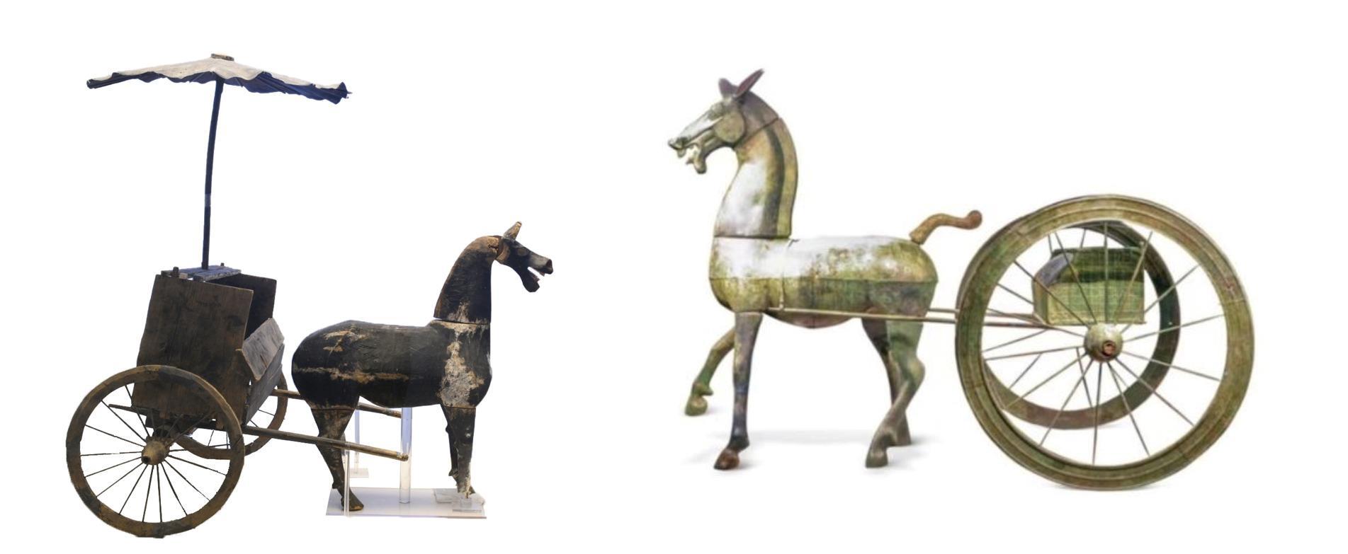 △左為漢代木軺車，藏于青海省博物館；右為東漢銅車馬，藏于黔西南州博物館。